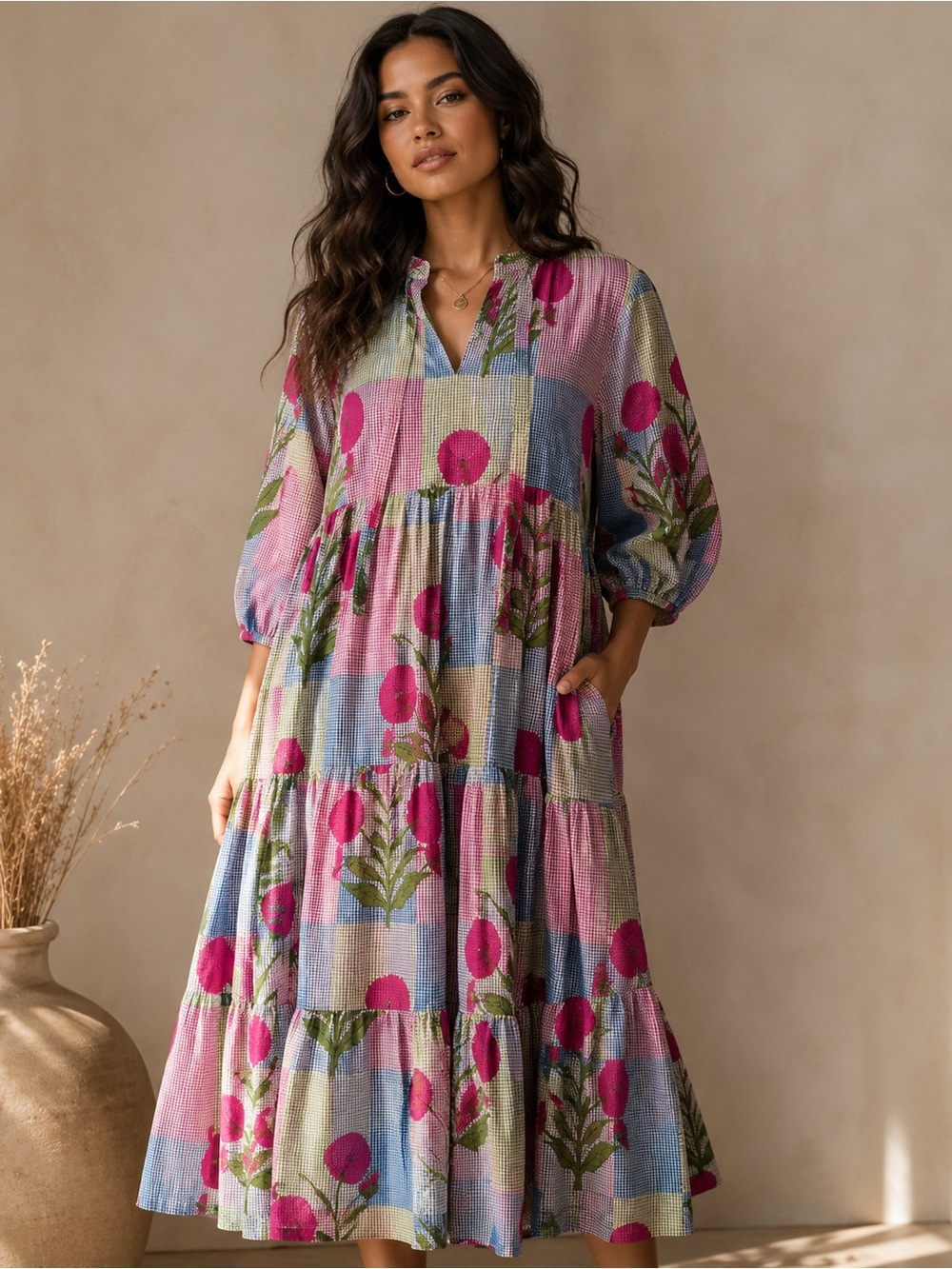 Handmade India Patchwork Floral Tiered Dress Size M Cotton Feel